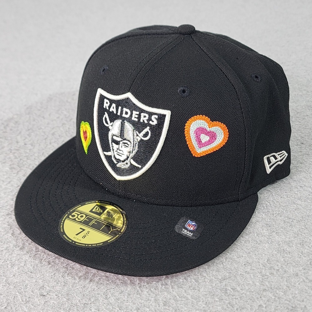 Las Vegas Raiders Hat New Era 59Fifty Fitted 7 5/8 Black Chain Stitch Hearts Cap
